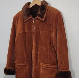 New York By Winlet Women's Brown Suede Leather Coat Jacket with Faux Fur Trim
